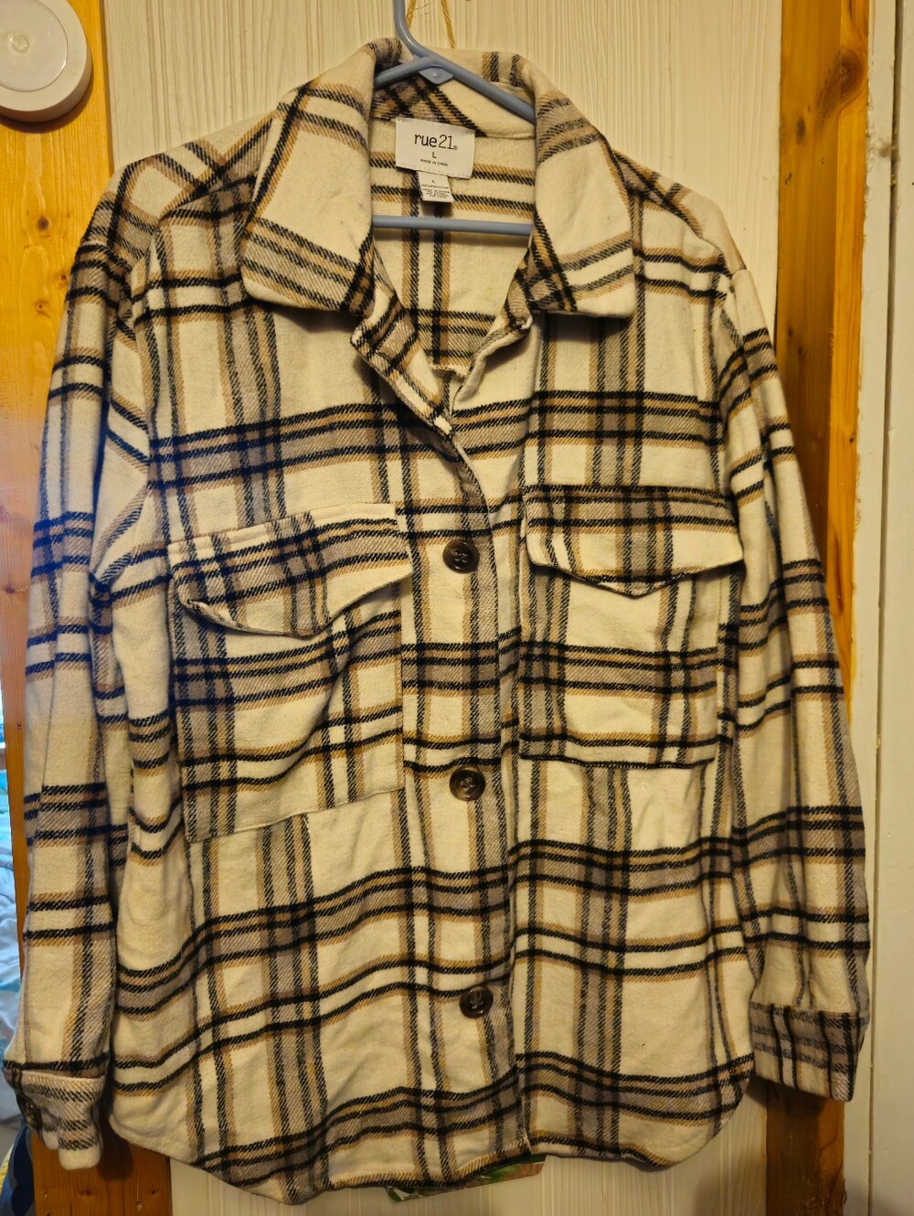 rue21 Cream Plaid Button-Front Shacket, Size Large